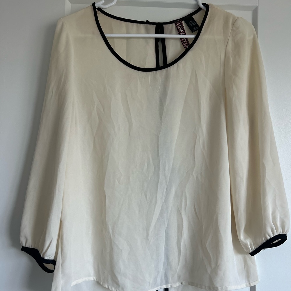 Elegant Off White Blouse with Black Trim and Bows